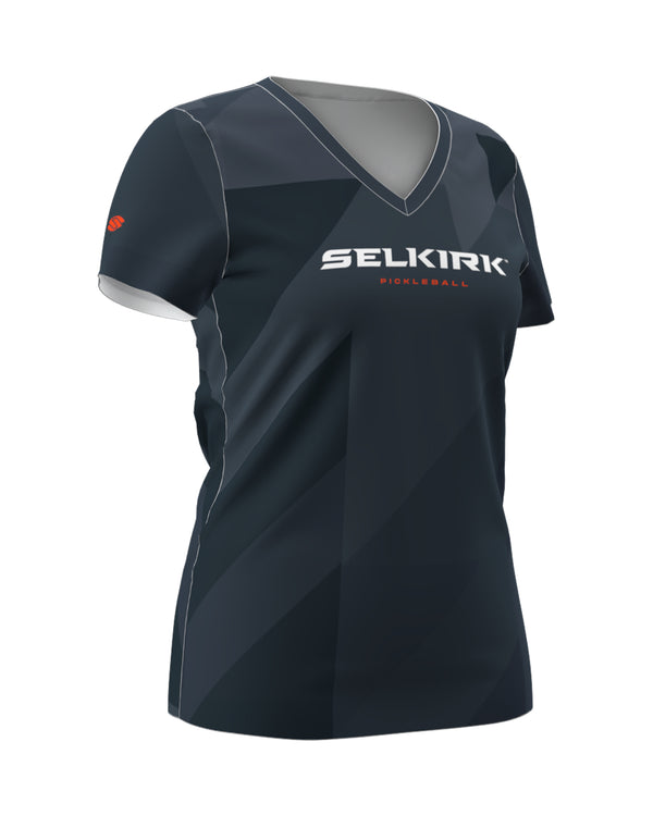 Navy Women's Symmetrix Short Sleeve V-Neck Tee with logo on front