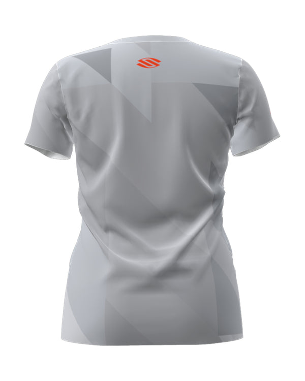 Women's Symmetrix Short Sleeve V-Neck Tee in gray, showing back design.