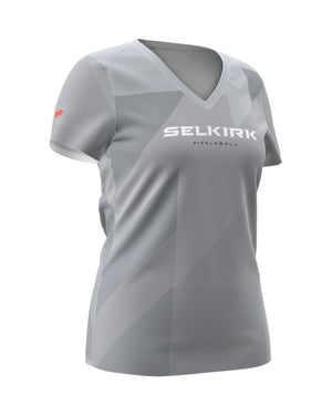 Gray Women's Symmetrix Short Sleeve V-Neck Tee with Selkirk logo