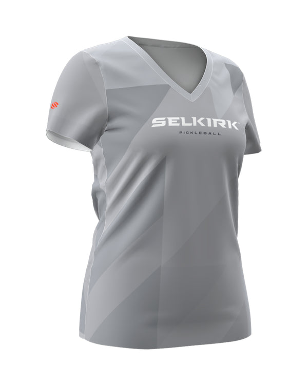 Gray Women's Symmetrix Short Sleeve V-Neck Tee with Selkirk logo