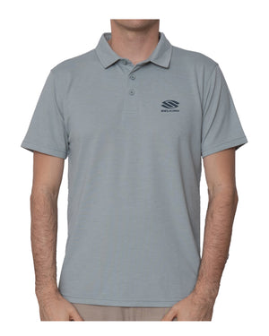 Men's light gray polo with three-button placket and SELKIRK logo on left chest.