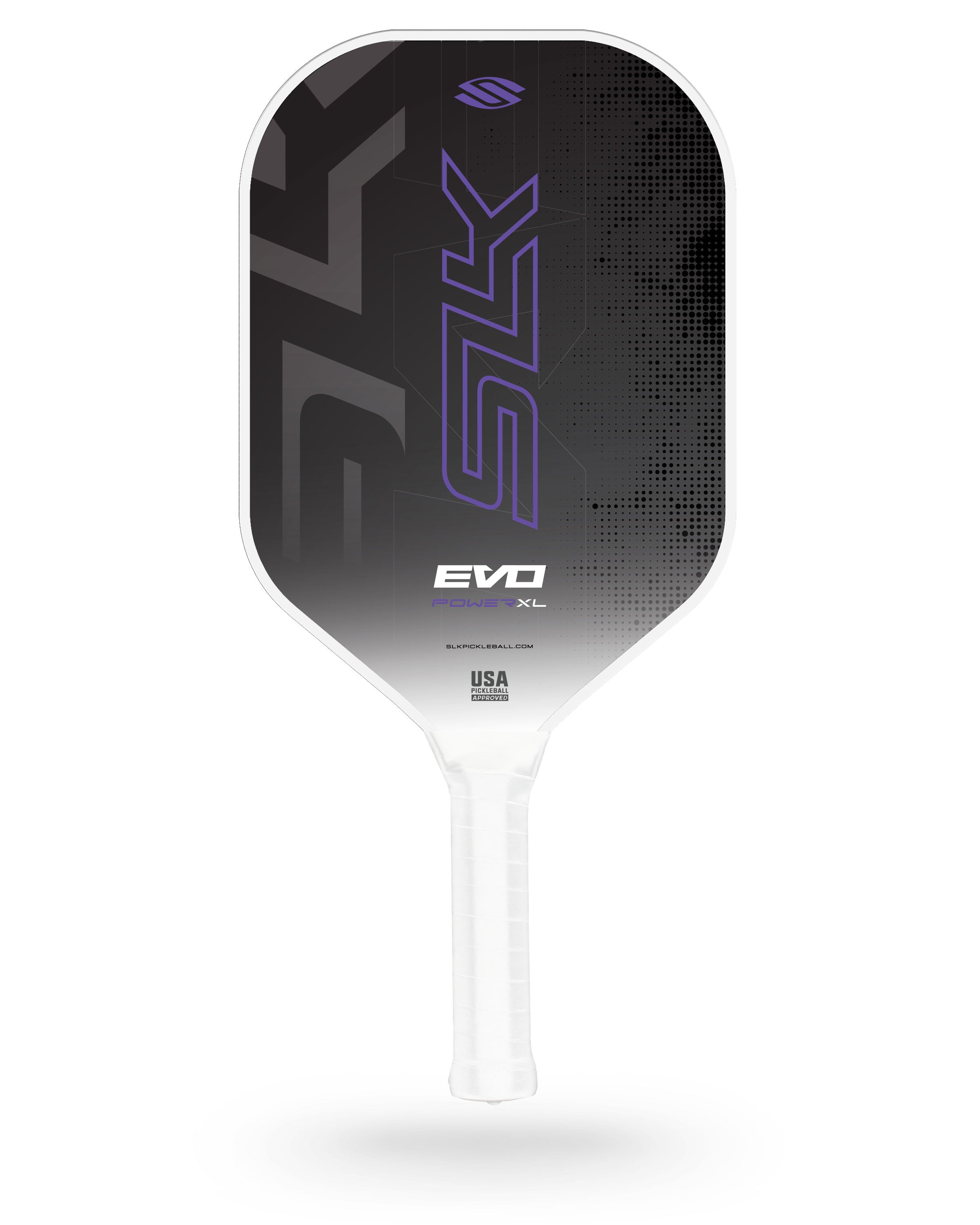 Black-and-purple SLK EVO pickleball paddle with white handle; text on paddle reads SLK, EVO, POWER XL, USA