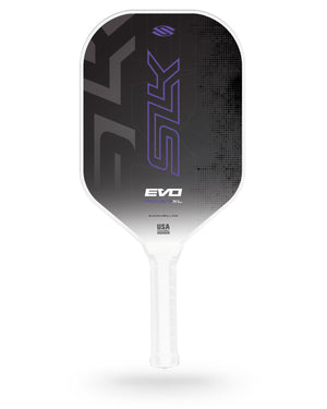 Black-and-purple SLK EVO pickleball paddle with white handle; text on paddle reads SLK, EVO, POWER XL, USA