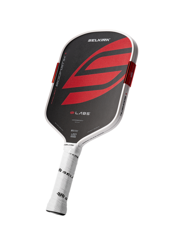 Selkirk LABS Project Boomstik pickleball paddle widebody shape in black, red, and white.