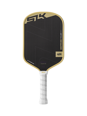 Black-and-gold elongated pickleball paddle, white grip, SLK logo, ERA POWER, ELONGATED, SLK BY SELKIRK USA PICKLEBALL