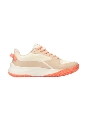Beige and coral women's running sneaker, side profile showing knit upper, cushioned white midsole, coral wavy outsole.