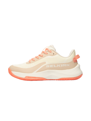 Coral-and-cream Selkirk athletic shoe, right-side profile, "SELKIRK" logo visible