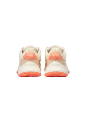 Rear view of women's low-top athletic shoes in cream, tan, and coral with coral heel tabs and soles