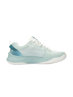 Low-top mint-green athletic sneaker, side view showing textured mesh upper and wavy white outsole