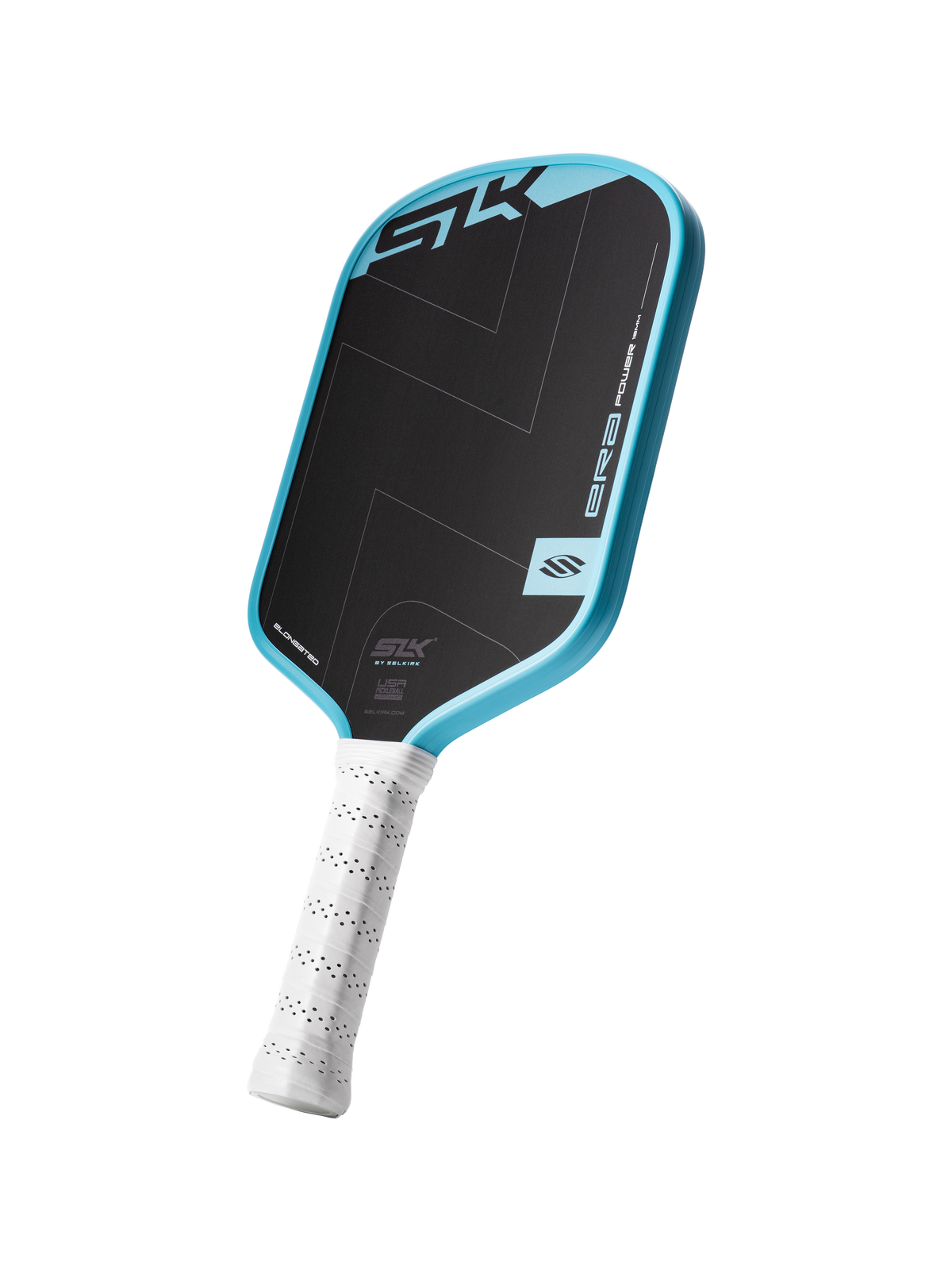 Selkirk SLK ERA Power pickleball paddle in black and blue/cyan.