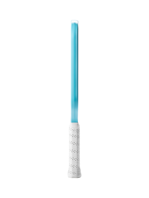 Side view of a turquoise tennis racket frame and white perforated grip.