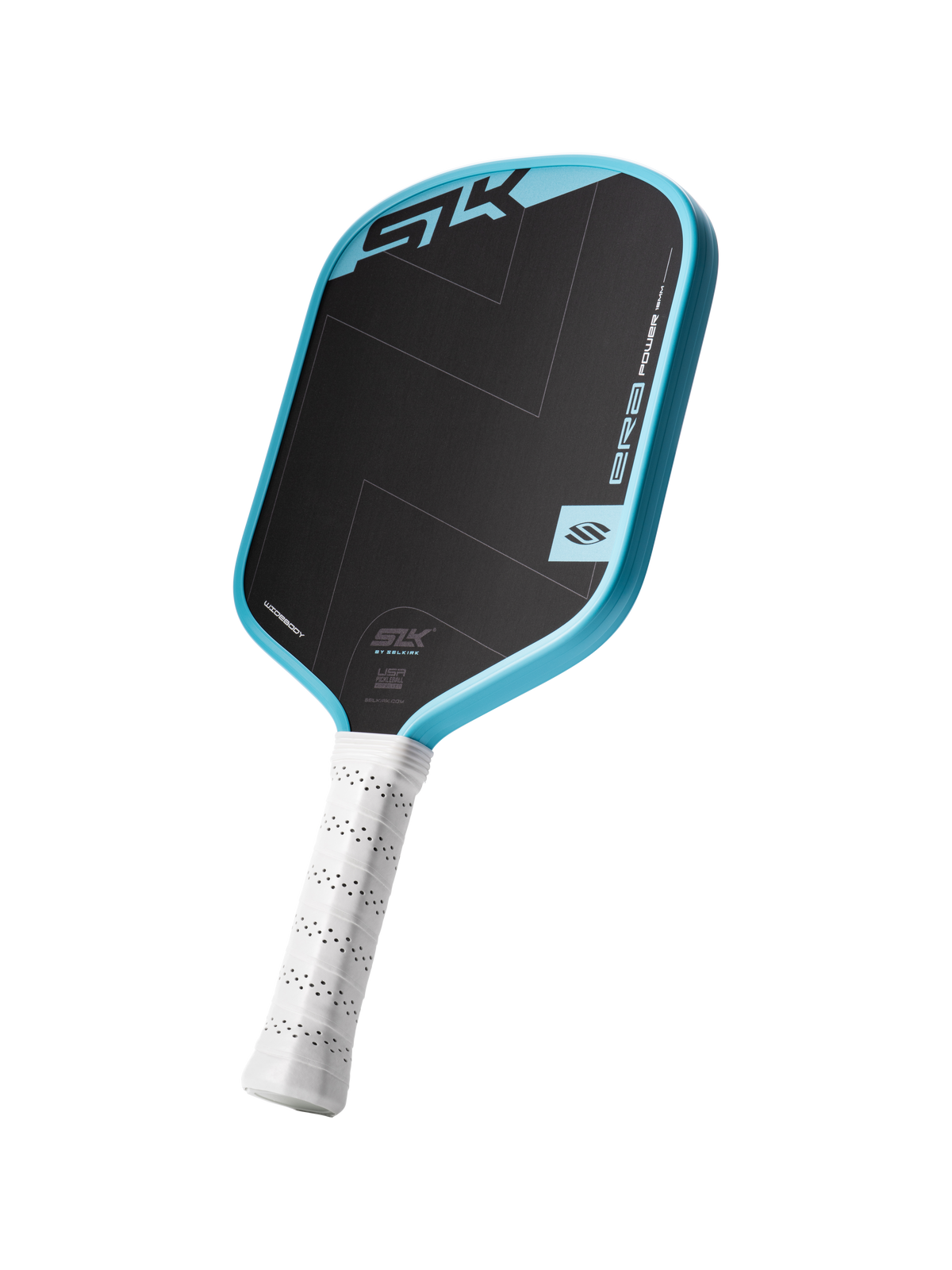 Selkirk SLK ERA Power pickleball paddle in black and blue/cyan.