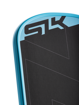 Close-up of SLK ERA Power pickleball paddle showing widebody black face, cyan rim and SLK logo on white background