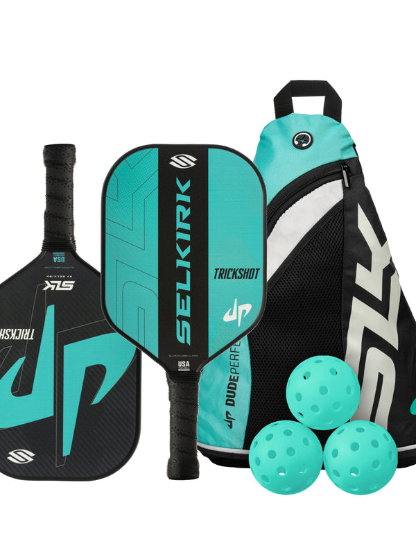 Selkirk Dude Perfect Trickshot pickleball paddle kit collaboration, with paddle, balls, and pickleball bag.