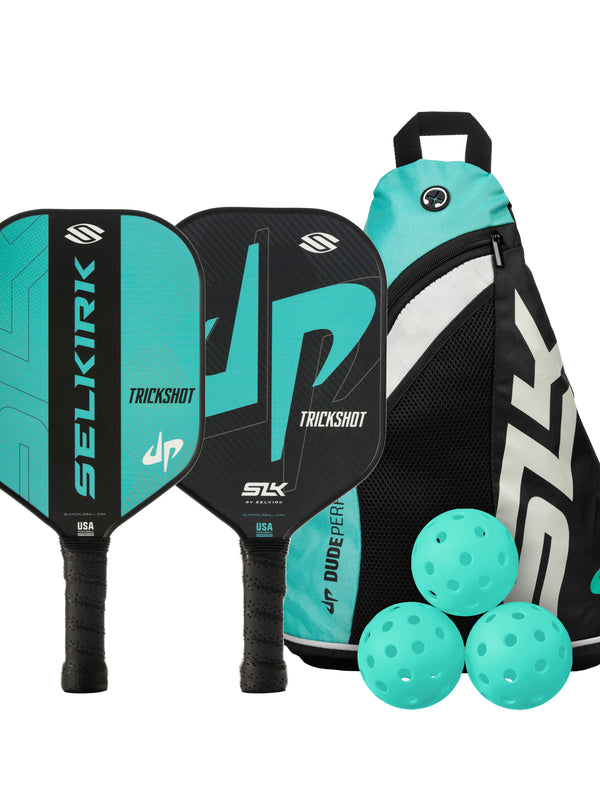 Selkirk Dude Perfect Trickshot pickleball paddle kit collaboration, with paddle, balls, and pickleball bag.