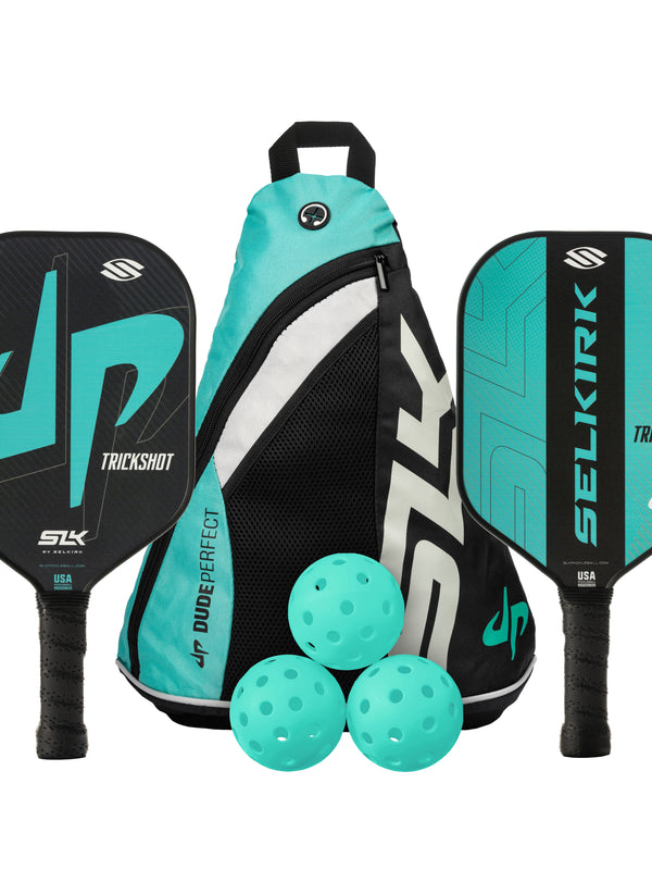 Selkirk Dude Perfect Trickshot pickleball paddle kit collaboration, with paddle, balls, and pickleball bag.