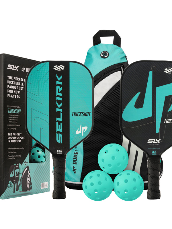 Selkirk Dude Perfect Trickshot pickleball paddle kit collaboration, with paddle, balls, and pickleball bag.