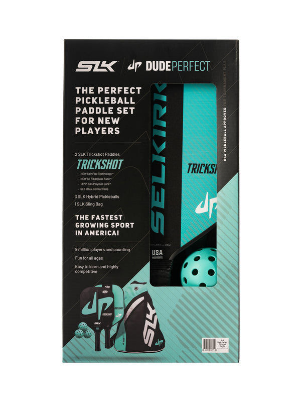 Selkirk Dude Perfect Trickshot pickleball paddle kit collaboration, with paddle, balls, and pickleball bag.