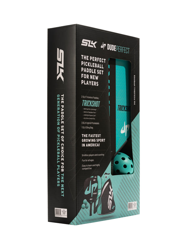 Selkirk Dude Perfect Trickshot pickleball paddle kit collaboration, with paddle, balls, and pickleball bag.