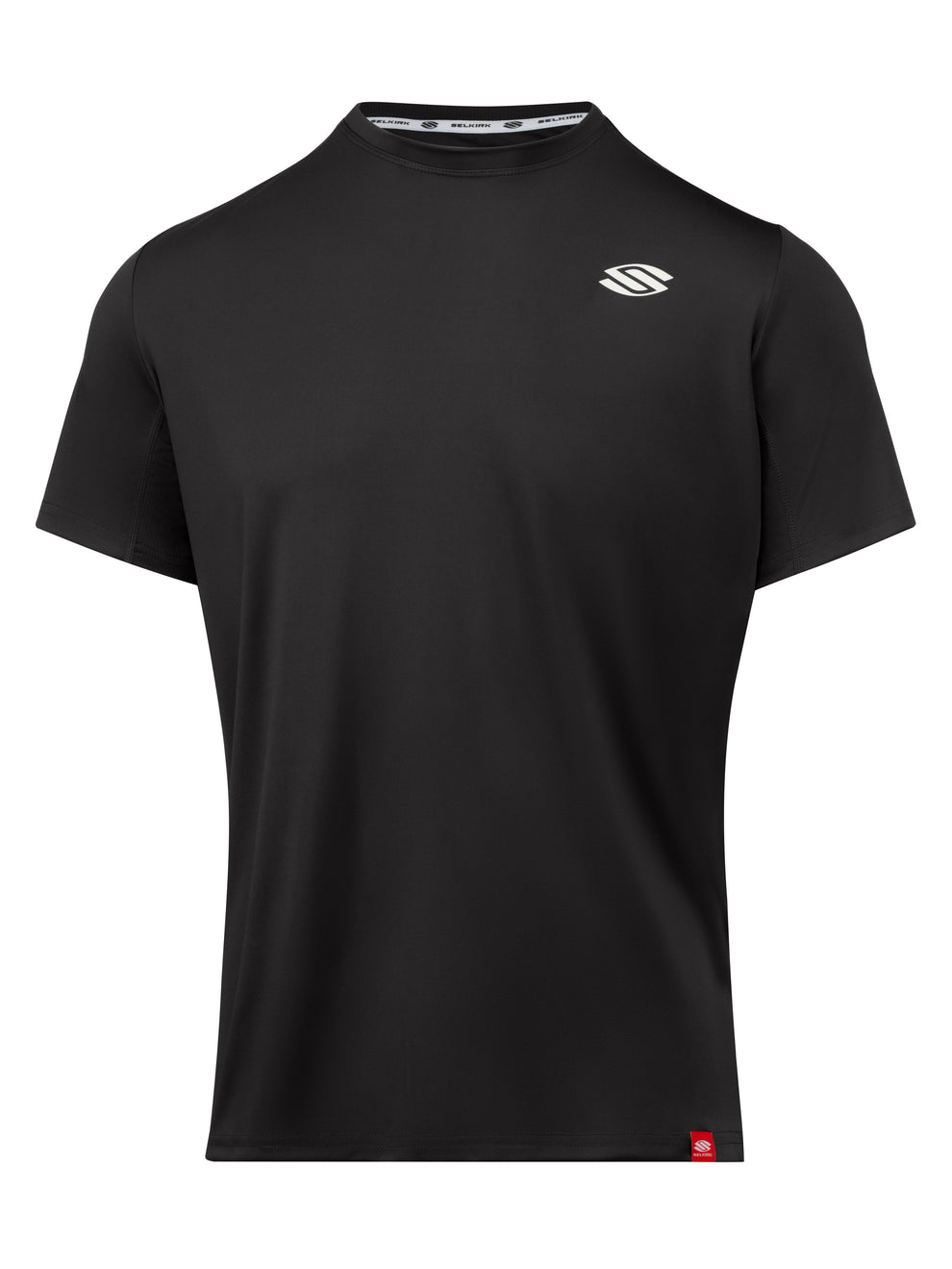 Black short-sleeve athletic t-shirt with white chest logo and small red hem tag reading SELKIRK