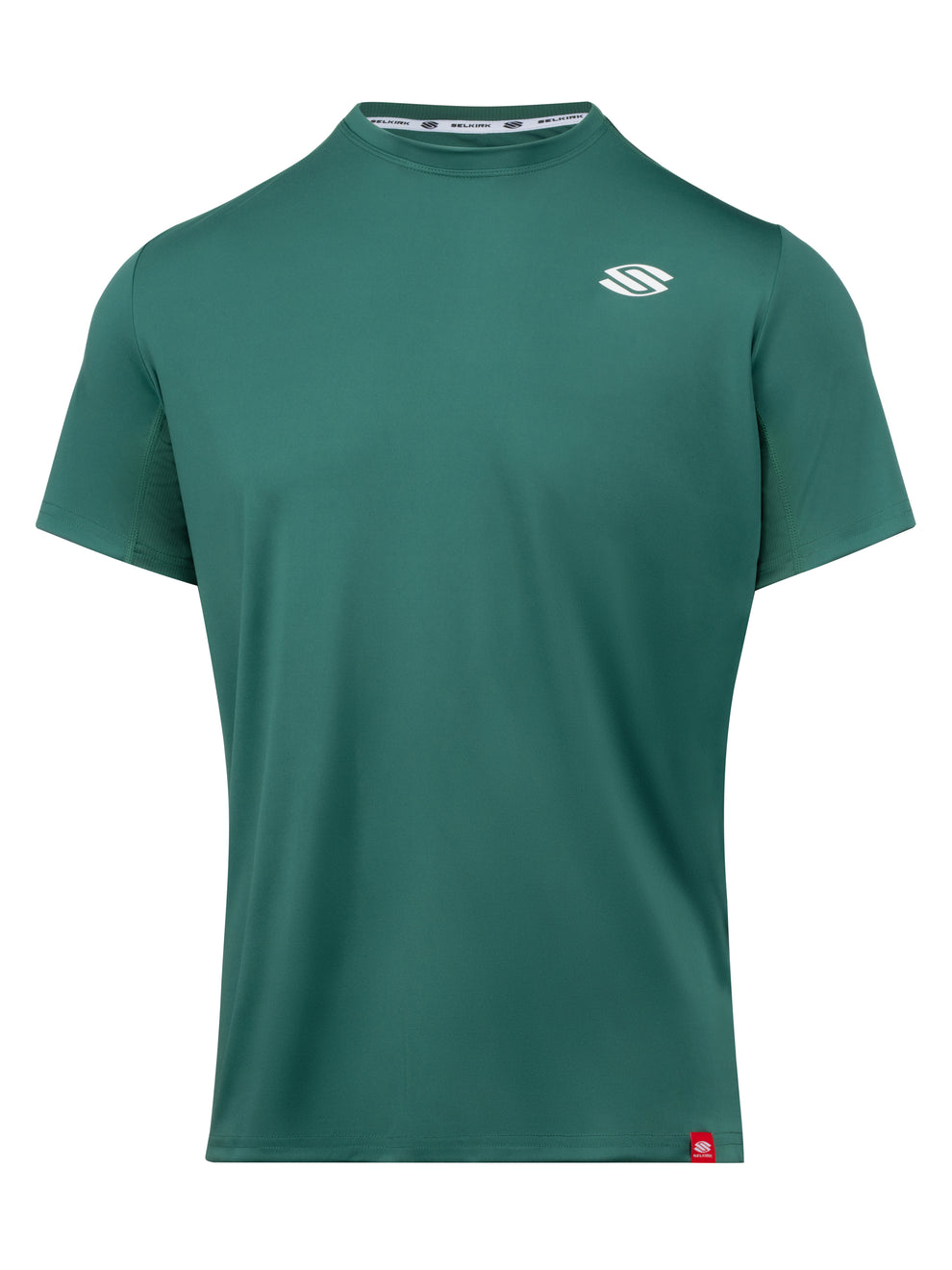 Forest-green men's athletic crew-neck t-shirt with white logo at left chest and SELKIRK printed on the inside collar