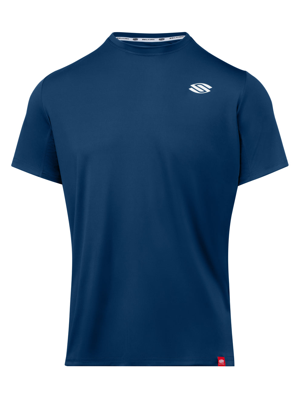 Navy crew-neck short-sleeve performance tee with small white left-chest logo; inner collar trim reads SELKIRK and red hem tag