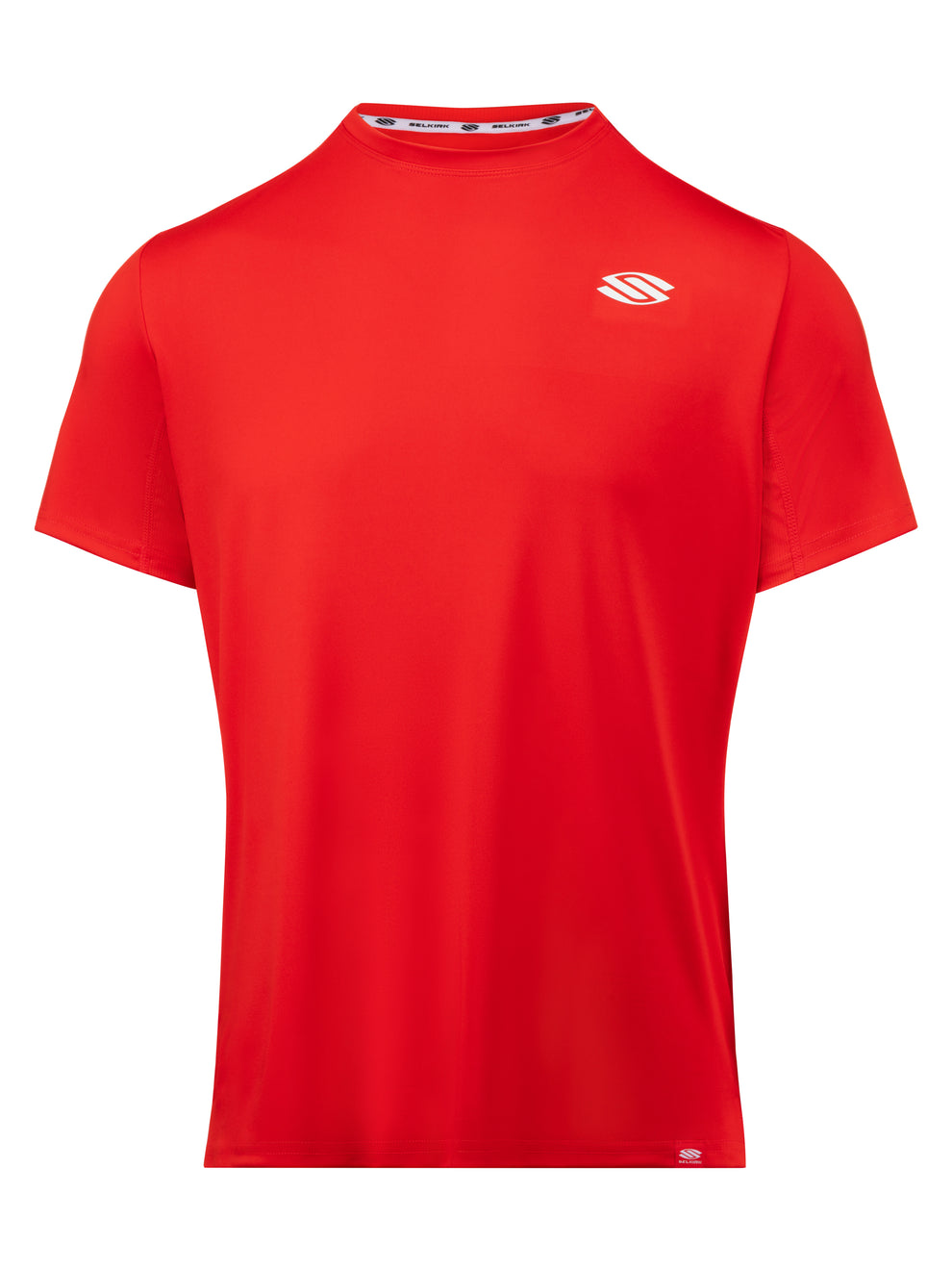 Men's red short-sleeve performance tee with small white Selkirk logo on chest and SELKIRK printed on the neck tape