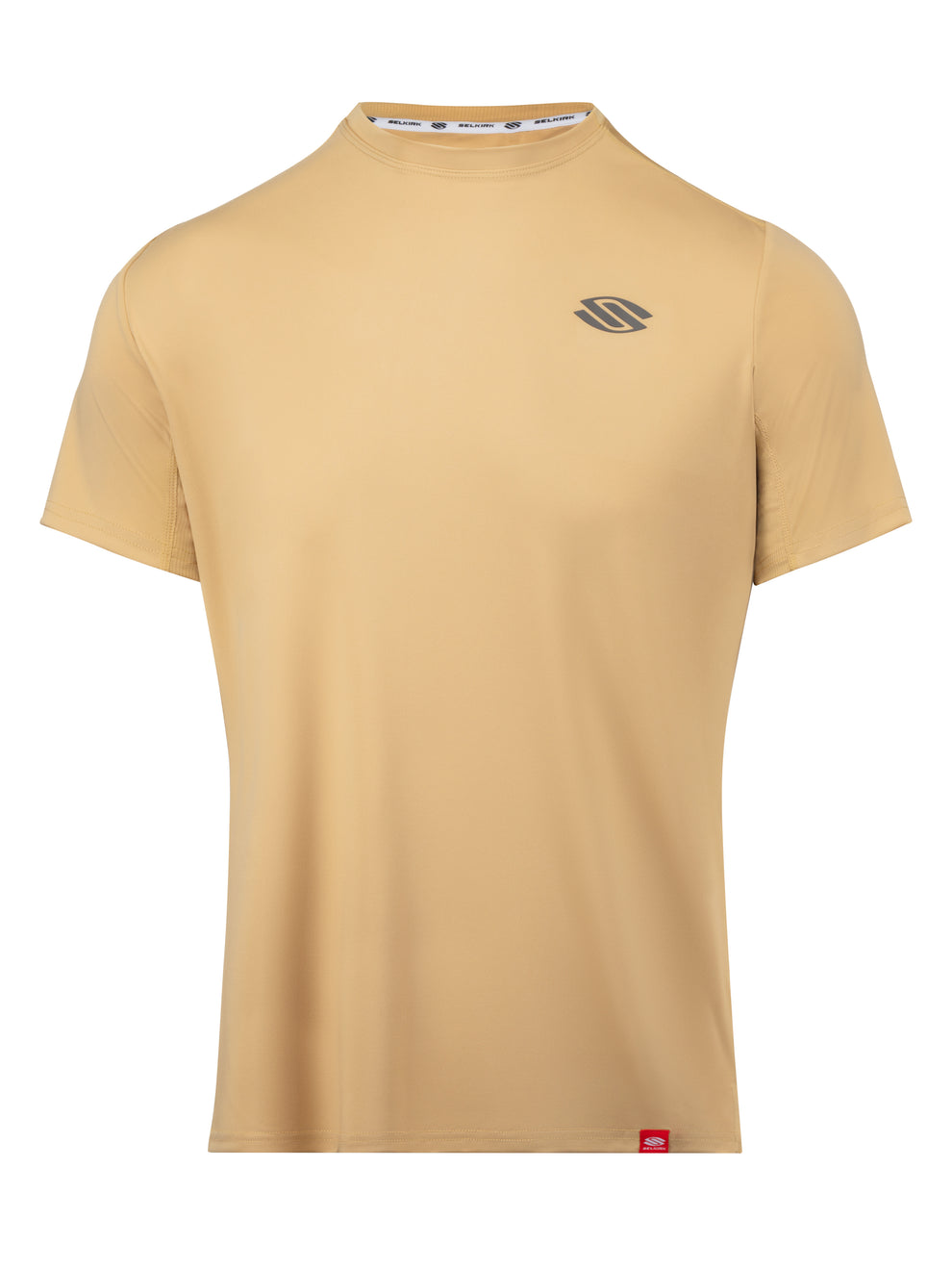 Men's beige performance short-sleeve crewneck athletic t-shirt with small stylized S logo on left chest and red hem tag.