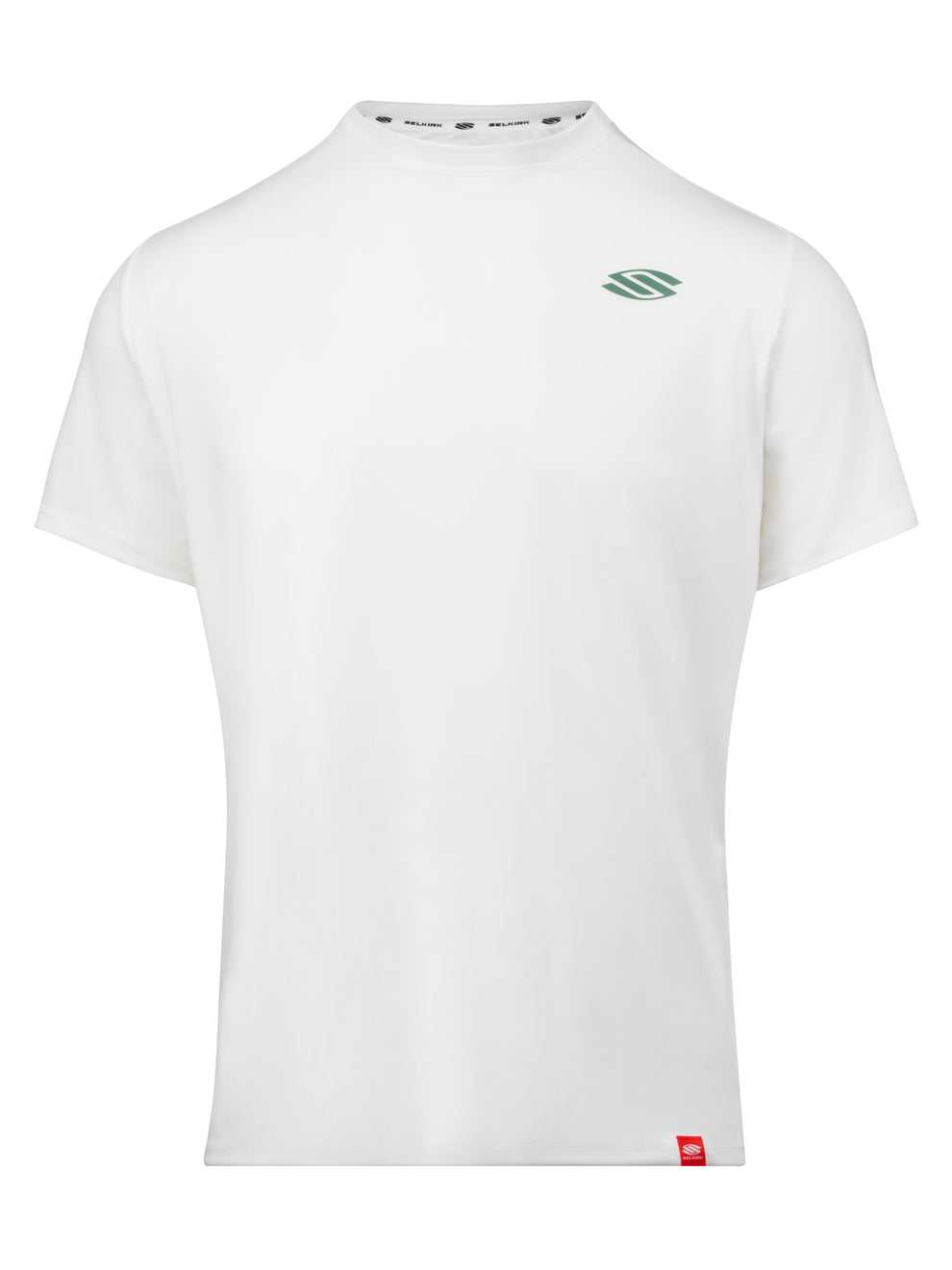 White men's short-sleeve performance tee with small green chest logo, red hem tag, inner collar text SELKIRK