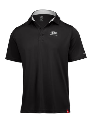 Black Selkirk short-sleeve polo with three-button placket, white inner collar trim and chest SELKIRK logo.