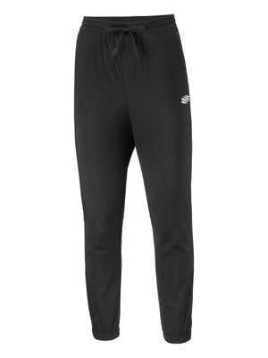 Black athletic jogger pants with elastic waistband and cuffs, drawstring, tapered legs, small white S logo on right thigh.