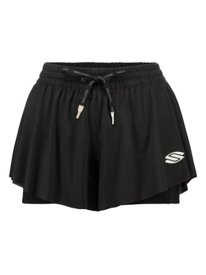 Black athletic skort with elastic drawstring labeled SELKIRK and white S logo on right hem