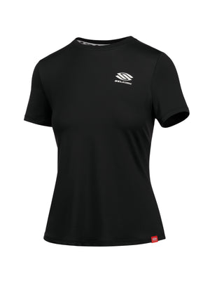 Black women's short-sleeve athletic T-shirt with white SELKIRK logo on left chest
