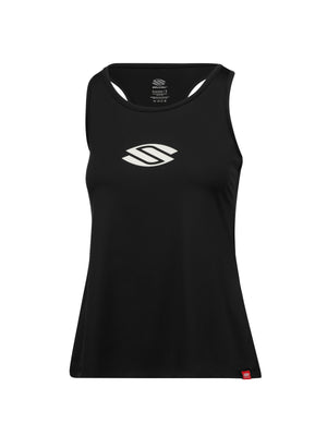 Black women's racerback tank top with white Selkirk logo; neck label reads 'Selkirk Essentials S'.