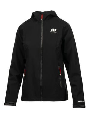 Black hooded softshell jacket with front zipper, red zipper pulls and SELKIRK logo on chest and cuff