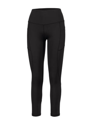 High-waist black athletic leggings with ankle-length legs, side patch pockets and flatlock seam detailing.