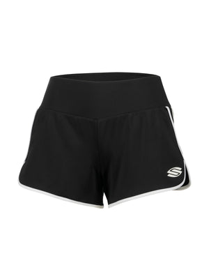 Black athletic shorts with high wide waistband, white piping along the hem and Skechers 'S' logo on the right leg.