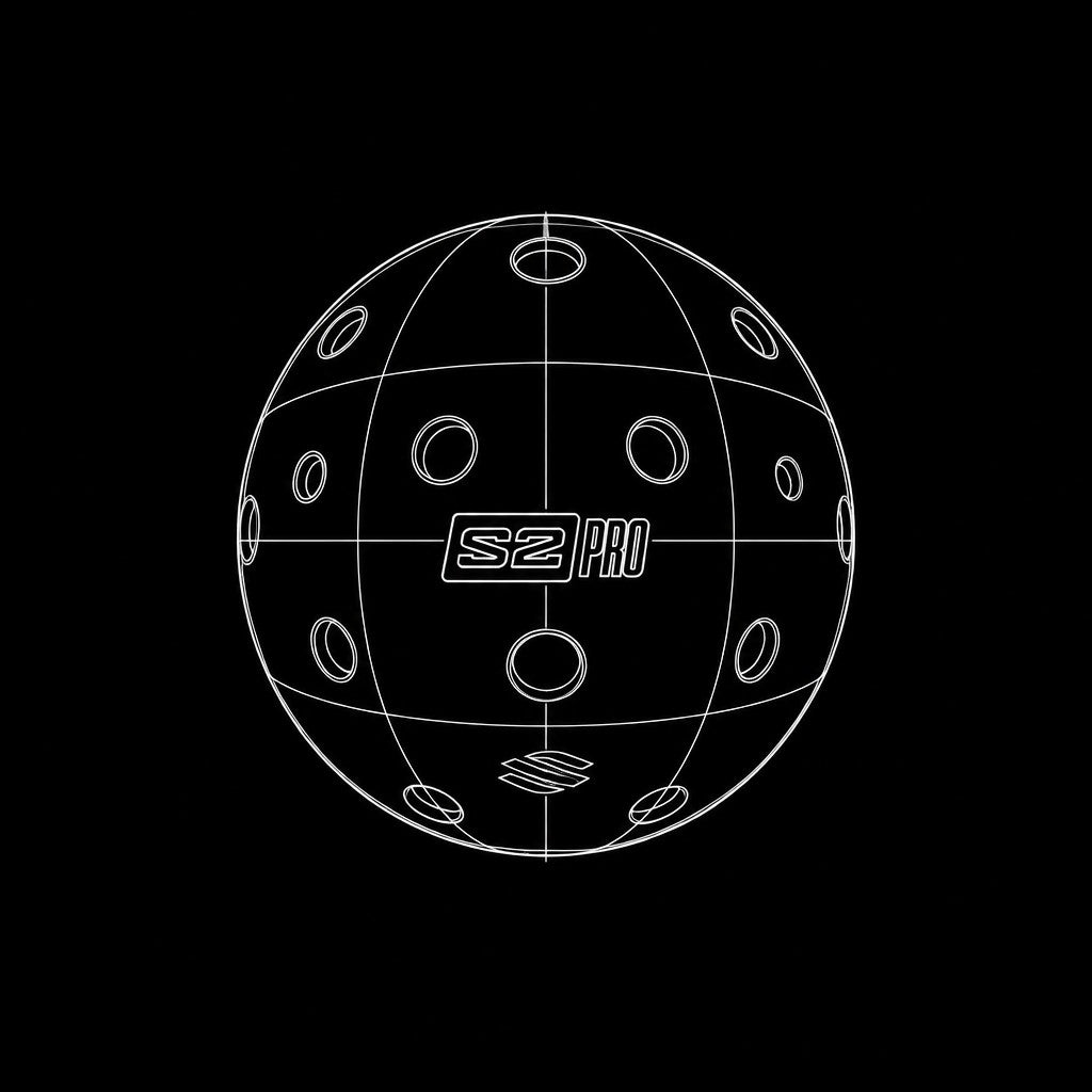 Wireframe drawing of the S2 Pro ball showing its 38-hole layout