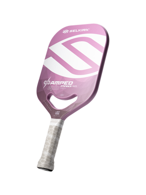 Pink Selkirk pickleball paddle with SELKIRK logo, 'AMPED epic PRO AIR' text, cutout throat and white wrapped grip, USA