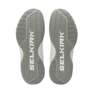 Men's CourtStrike Pickleball Shoes with a white and pine colorway, featuring a textured sole with 'SELKIRK' branding.