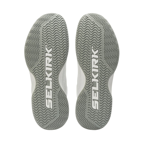 Men's CourtStrike Pickleball Shoes with a white and pine colorway, featuring a textured sole with 'SELKIRK' branding.