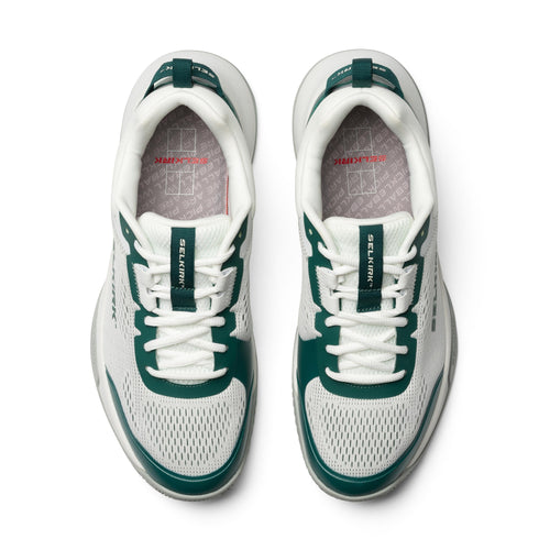 Selkirk Courtstrike men's pickleball shoes in white, green, and grey.