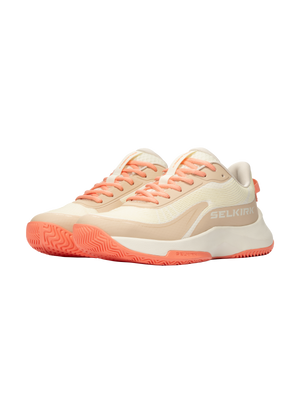 Pair of beige and cream low-profile sneakers with coral laces and soles; SELKIRK logo on the outer side.