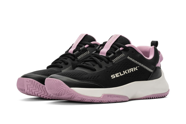 Selkirk CourtStrike Pro women's pickleball shoes in black with pink accents, designed for stability and comfort.