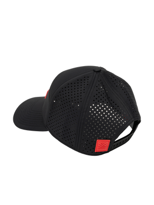 Black perforated baseball cap with adjustable snapback and red square logo patch on back.