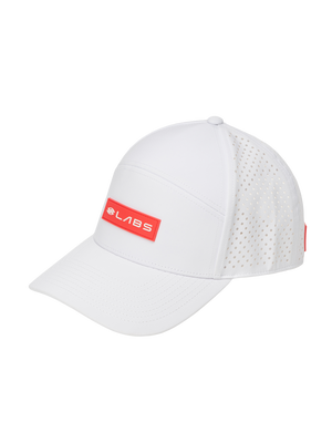 White perforated mesh-back baseball cap with red rectangular badge reading SLABS on front