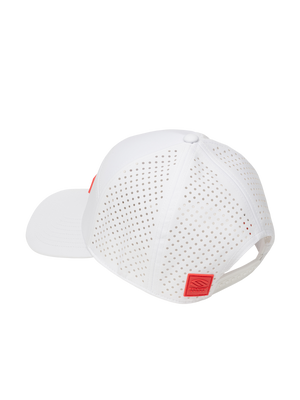 White perforated baseball cap, rear three-quarter view, adjustable snapback with red square logo patch