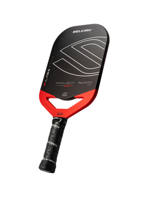 SELKIRK PROJECT INVIKTA 007 pickleball paddle, black face, red throat, black SELKIRK-wrapped handle; LABS USA visible