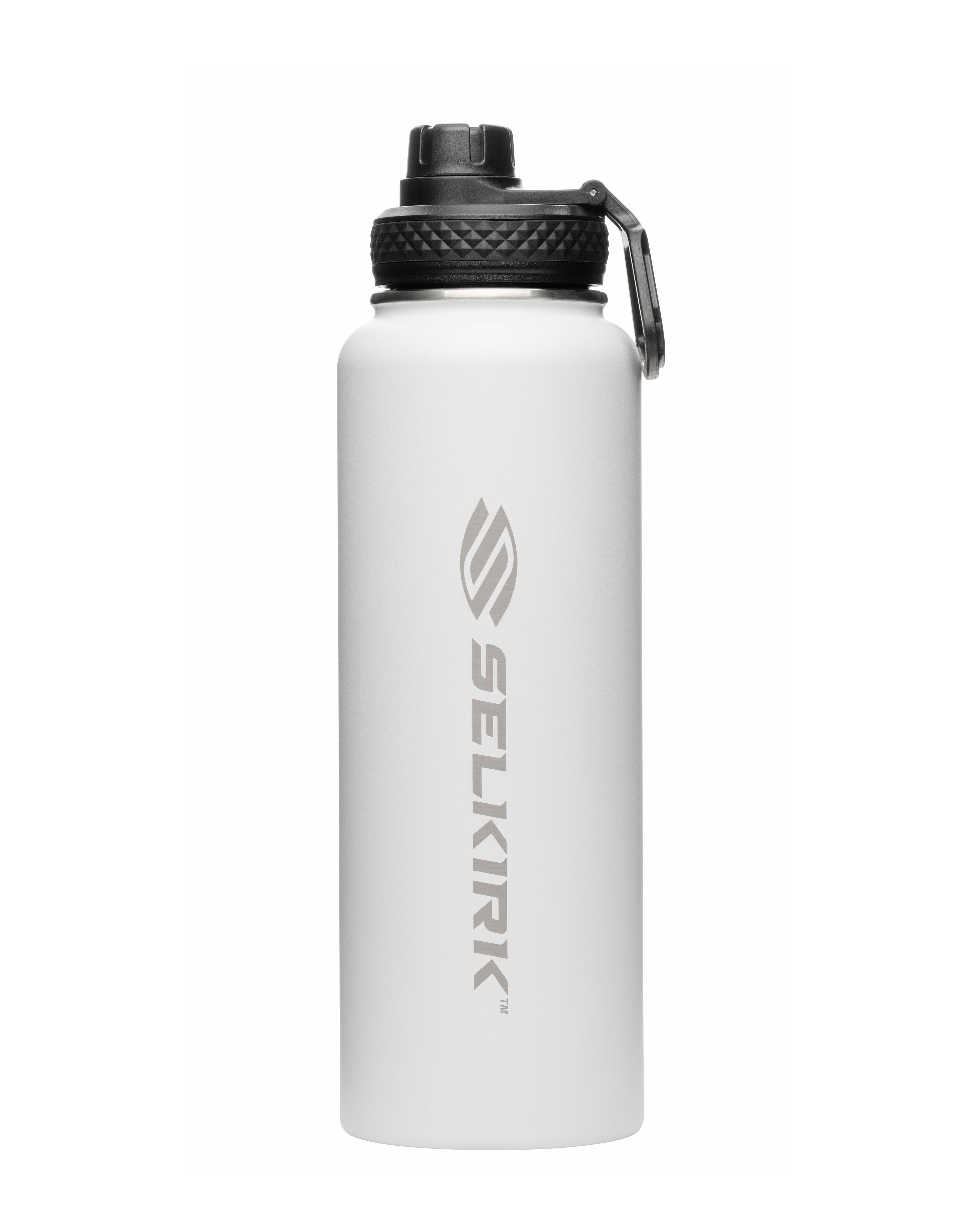 Selkirk Sport Premium Pickleball Water Bottle in white, 40 oz, stainless steel, leakproof, keeps drinks cold for 24 hours.
