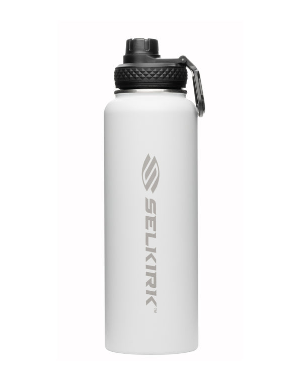 Selkirk Sport Premium Pickleball Water Bottle in white, 40 oz, stainless steel, leakproof, keeps drinks cold for 24 hours.